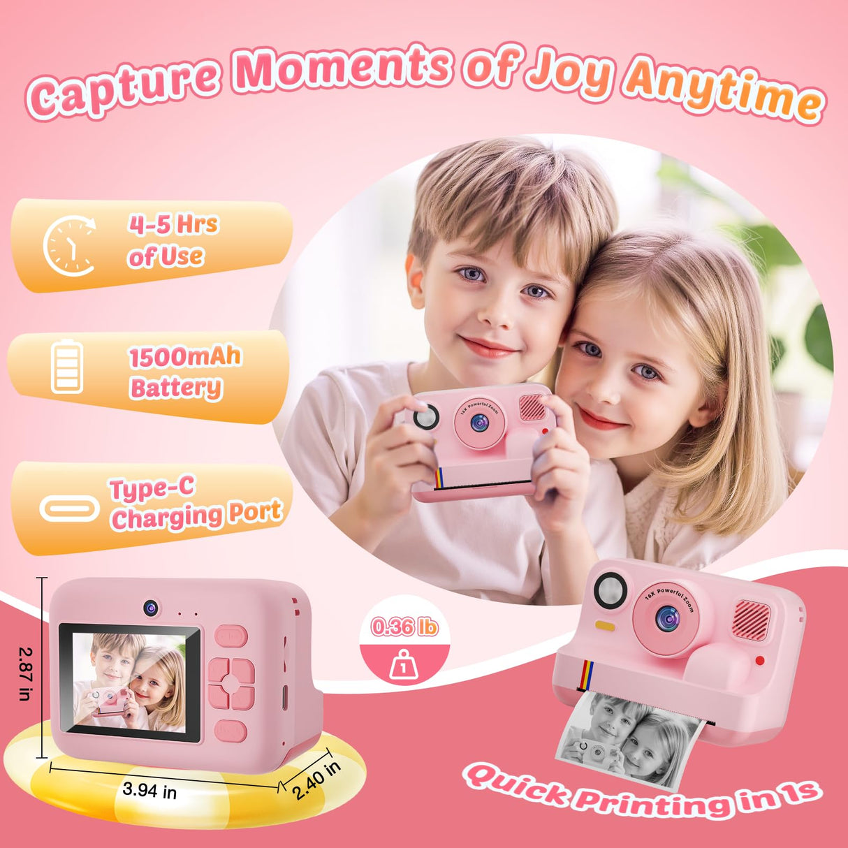 Instant Print Camera for Kids, App Printing, 1080P Video, Dual-Lens Selfie Digital Camera with 32G SD, Christmas Birthday Gifts for Girls Boys 4 5 6 7 8 9 10 11 12 Year Old, Portable Toddler Toy