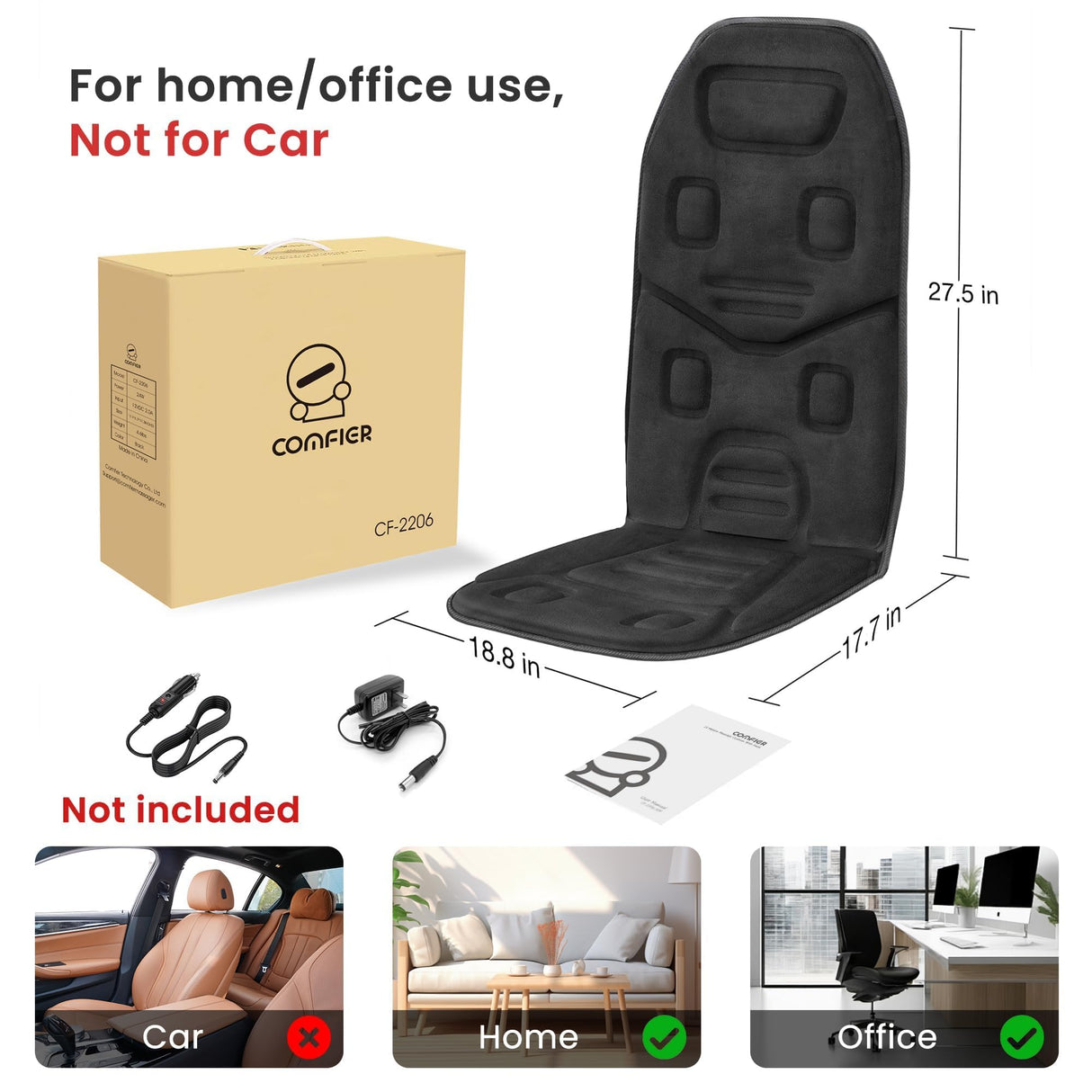 COMFIER Massage Seat Cushion Back Massager with Heat,10 Motors Vibration Chair Pad(Not Shiatsu,Rolling Massage,Chair Massager for Office/Home(Not for Car)