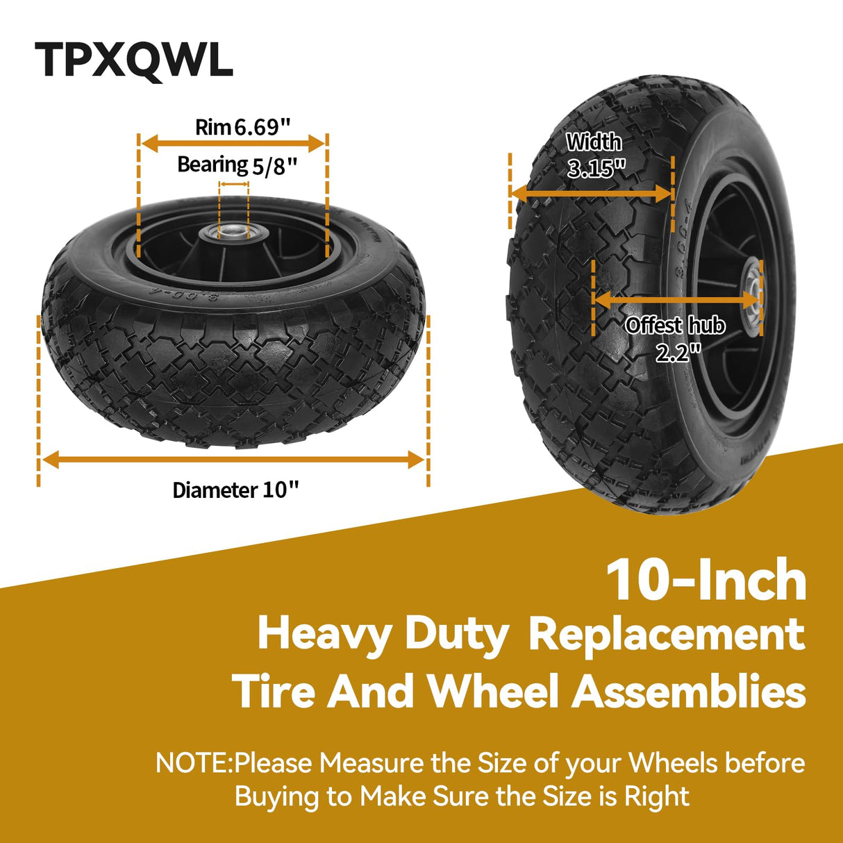 TPXQWL 10" 3.00-4 Flat Free Tire 5/8" Bearing 2.2" Hub for Hand Truck 2PK