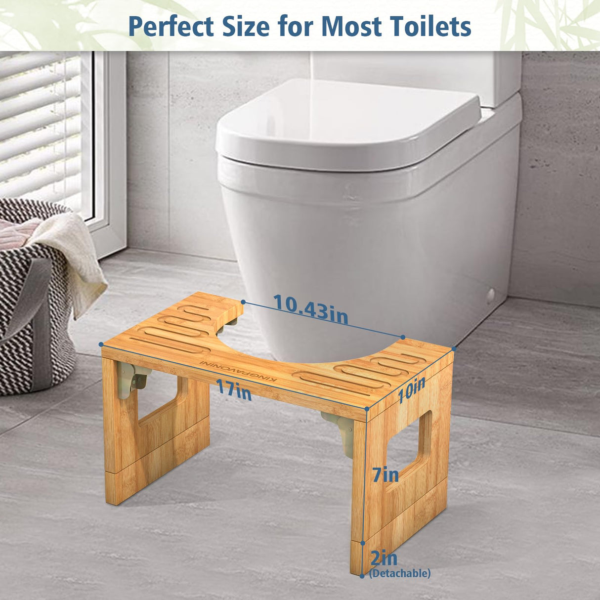 KingPavonini Bamboo Toilet Stool Squat 7in & 9in Adjustable Heights, Foldable Potty Stool for Adults with Non-Slip Layer to Improve Bathroom Posture and Comfort, 400 lbs Capacity