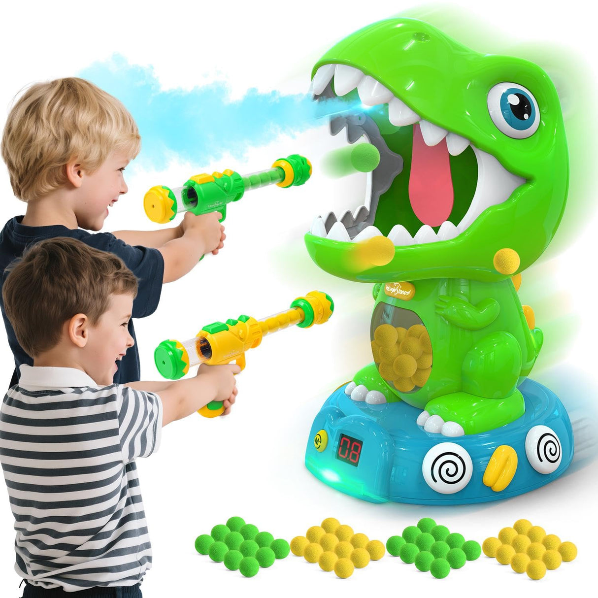 EagleStone Movable Dinosaur Shooting Toys for Kids 5-7 with Spraying, Electronic Target Game Toy with 2 Pump Guns, 48 Foam Balls, Party Favor Christmas Toys with Score Record, Sound