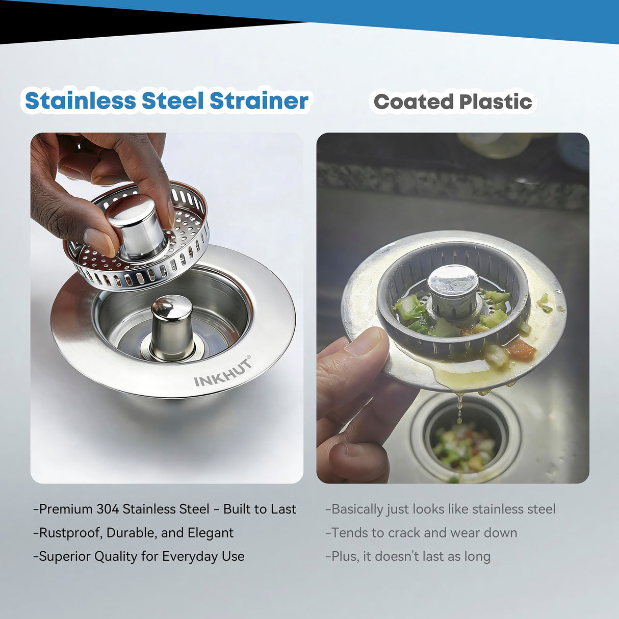 Upgraded 3 in 1 Kitchen Sink Drain Strainer - Stainless Steel Sink Stopper, Anti-Clogging Sink Food Catcher Basket, Fast Drainage Odor Filter Sink Plug for US Standard 3 1/2 inch Drain (Silver-2Pack)