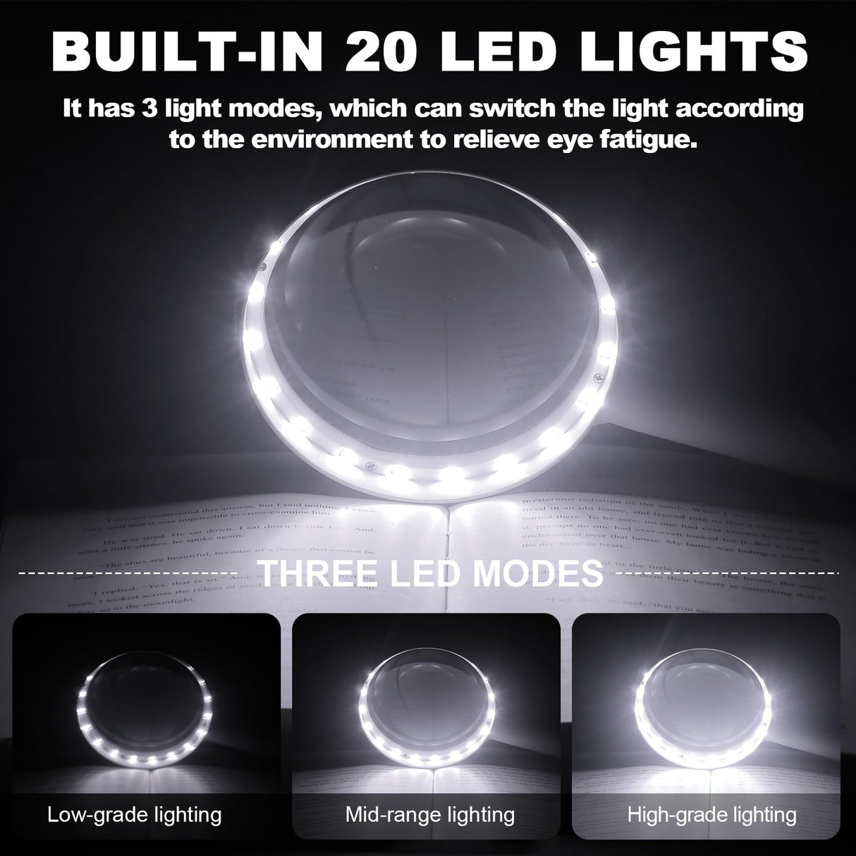 30X Charge Magnifier with Light, NUEYiO 4.33Inch Large Handheld Magnifying Glass with Light, 20 Daylight LEDs & Third Gear Dimming Lighted Magnifying Glass for Seniors Reading Inspection Coin Jewelry