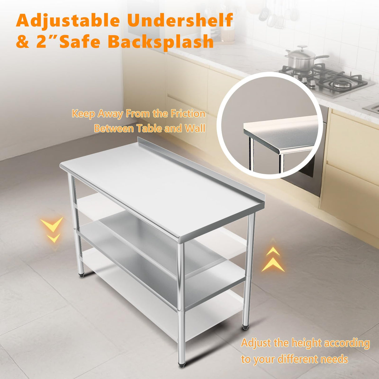 ROVSUN 60'' x 24'' Stainless Steel Table for Prep & Work,Commercial Worktables & Workstations, NSF Heavy Duty Metal Table with Adjustable UnderShelf & Backsplash for Kitchen,Restaurant,Home,Hotel
