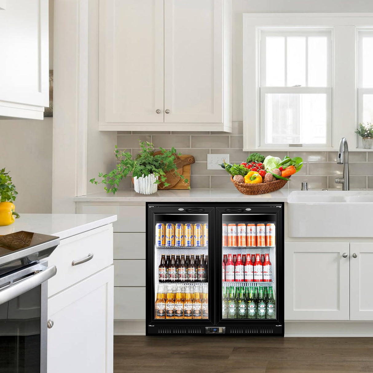 Tylza Back Bar Cooler With 2 Glass Doors, 200L Under Counter Back Bar Refrigerator with LED Lighting, Safety Locks, Counter Height Bar Beverage Cooler for Beer, Soda Drinks, Wine, Black