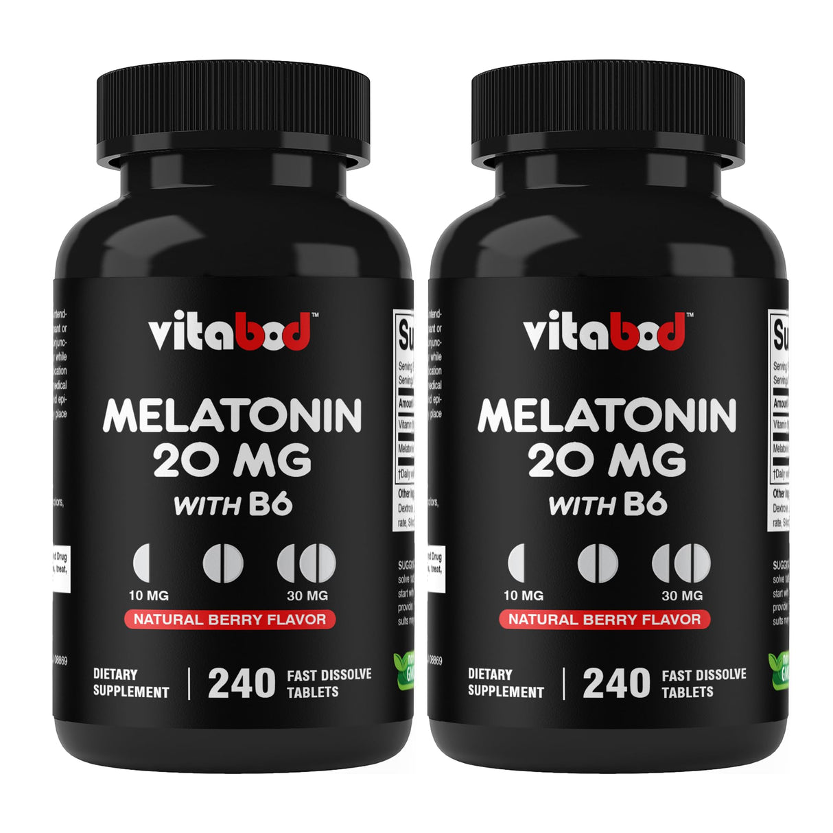 Vitabod Melatonin 20 mg - 240 Fast Dissolve Tablets - Drug Free - Natural Berry Flavor - Vegetarian, Non-GMO, Gluten Free 240 Count (Pack of 2)