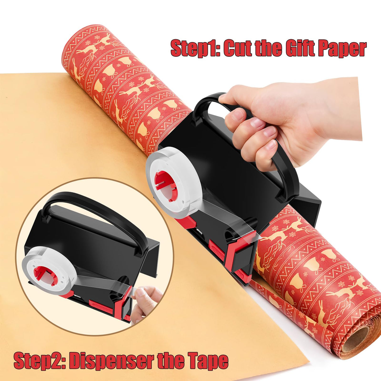 2-Pack Wrapping Paper Cutter & Tape Dispenser for Christmas Gift, Improve Gift Packaging Efficiency, Makes The Cutting line straighter, Cutting Tool with 4 Tapes,2 Replace Blades Kit, Red and Black