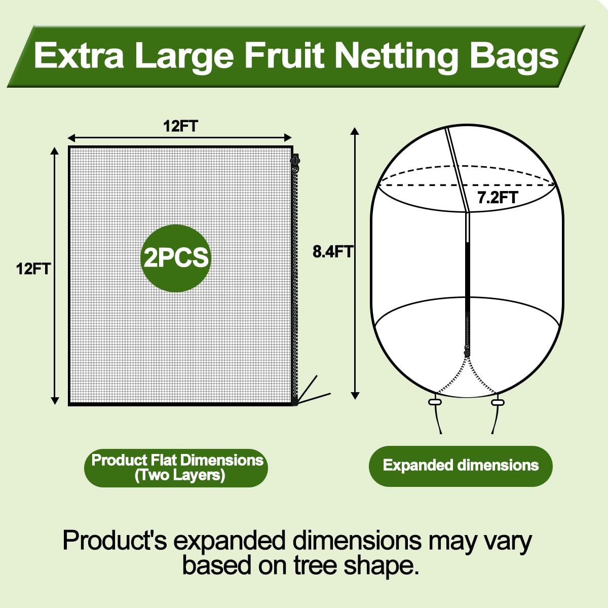 2 Pack 12x12FT Extra Large Fruit Tree Netting with Double Zipper & Double Drawstring, Heavy Duty Bird Netting for Fruit Trees, Reusable Tree Net to Protect Large Trees from Birds, Squirrels, Deer