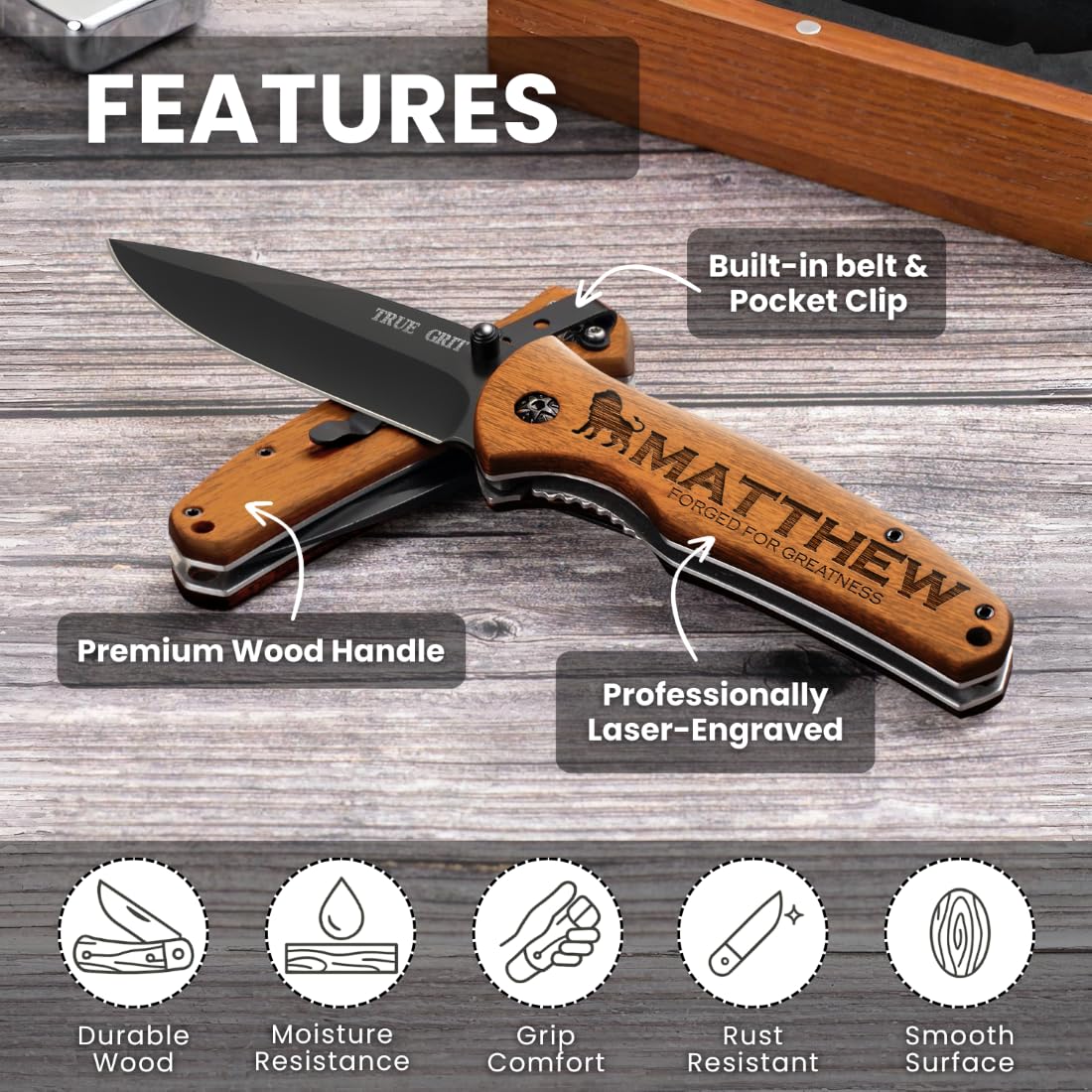GIFTS TO ENGRAVE Custom Pocket Knife for Men, Personalized Fathers Day Gift, Engraved Hunting Knife, Wood Handle, Groomsmen & Best Man Gift