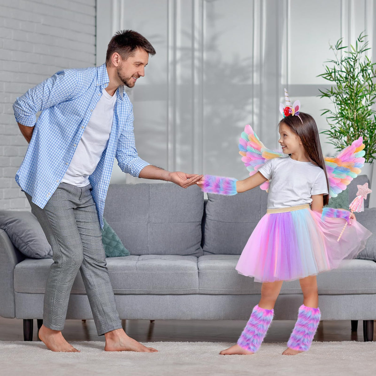 Tacobear 8pcs Unicorn Costume for Girl with Fluffy Glove, Leg Warmer, Feather Wings, Tutu Skirt, Headband, Wand, Halloween Christmas Birthday Gift Toy Dress Up Clothes Unicorn Dress for Girl 4 5 6 7 8