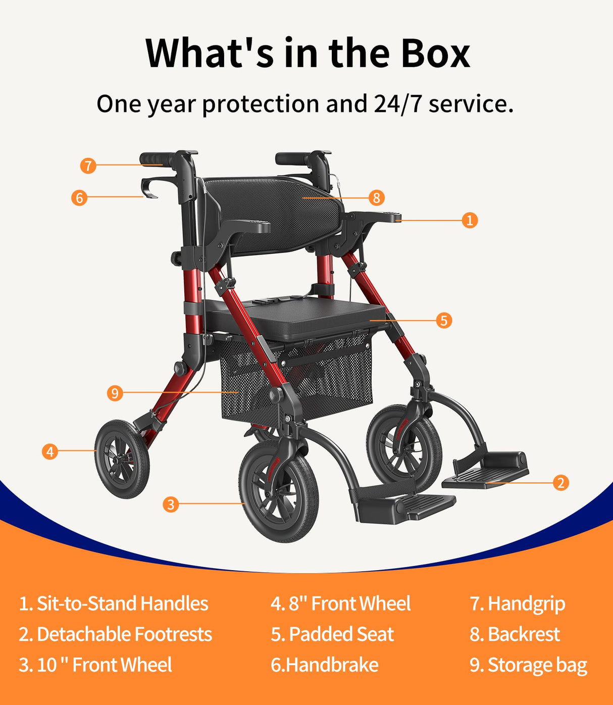 VOCIC Walkers for Seniors, Wheelchairs for Adults, Rollator Walker with Seat, 2 in 1 Rollator Transport Chair with Brakes, Rollator Lightweight Foldable, Walker Wheelchair Combo Z51-FSA HSA