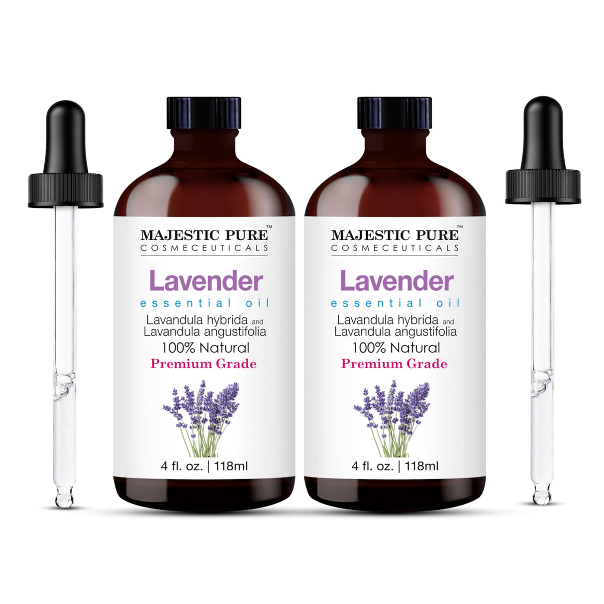 Majestic Pure Lavender Essential Oil | 100% Natural | Premium Grade Essential Oils for Hair Care, Home Diffusers, Skin, Aromatherapy, Massage and Humidifiers | 4 Fl Oz (Pack of 2)