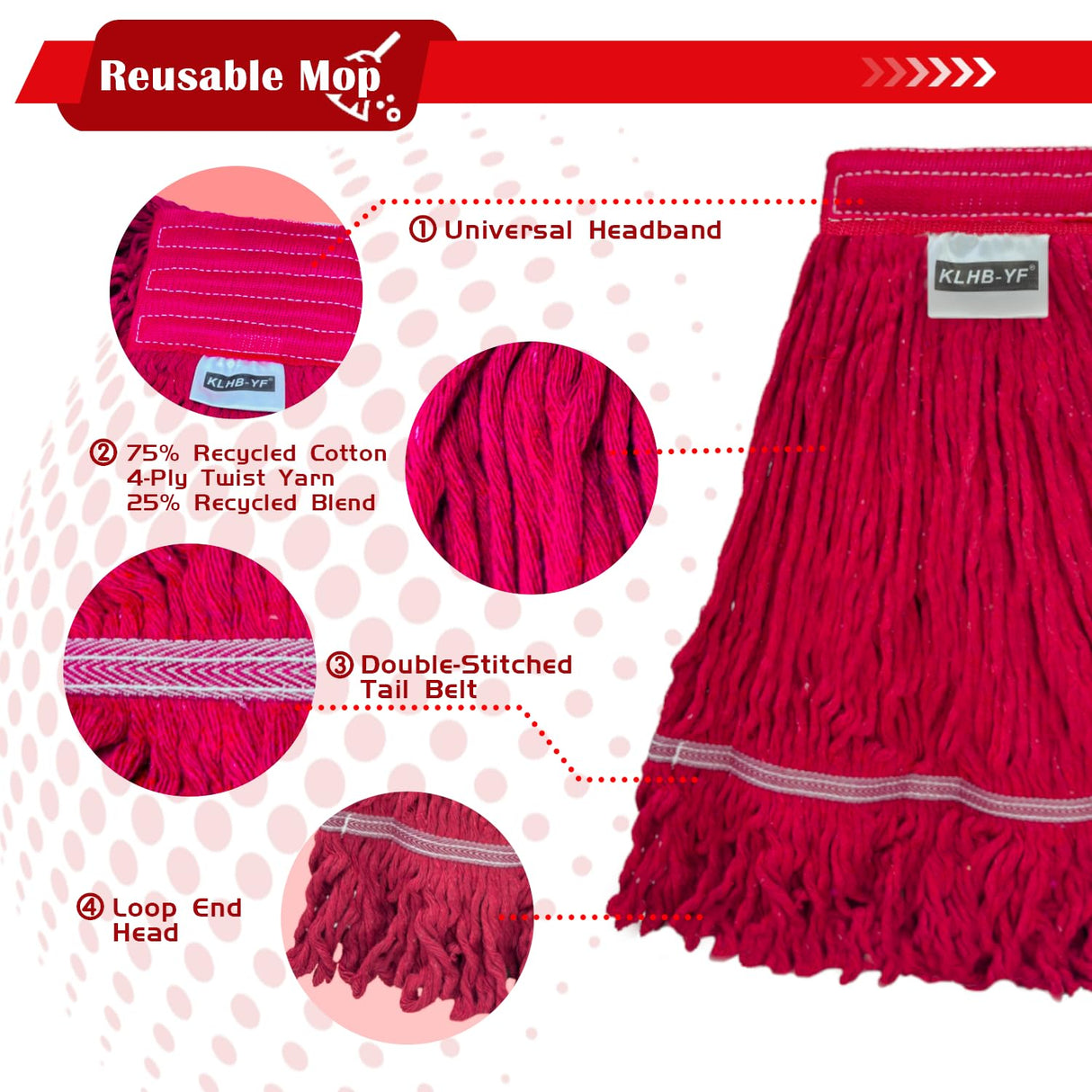 KLHB-YF Heavy Duty Commercial String Mop Heads, 3 Pack Cotton Red Mop Head Replacement, Machine Washable Industrial Mop Head Refills for Janitorial, Restaurant, Warehouse & Office Floor Cleaning