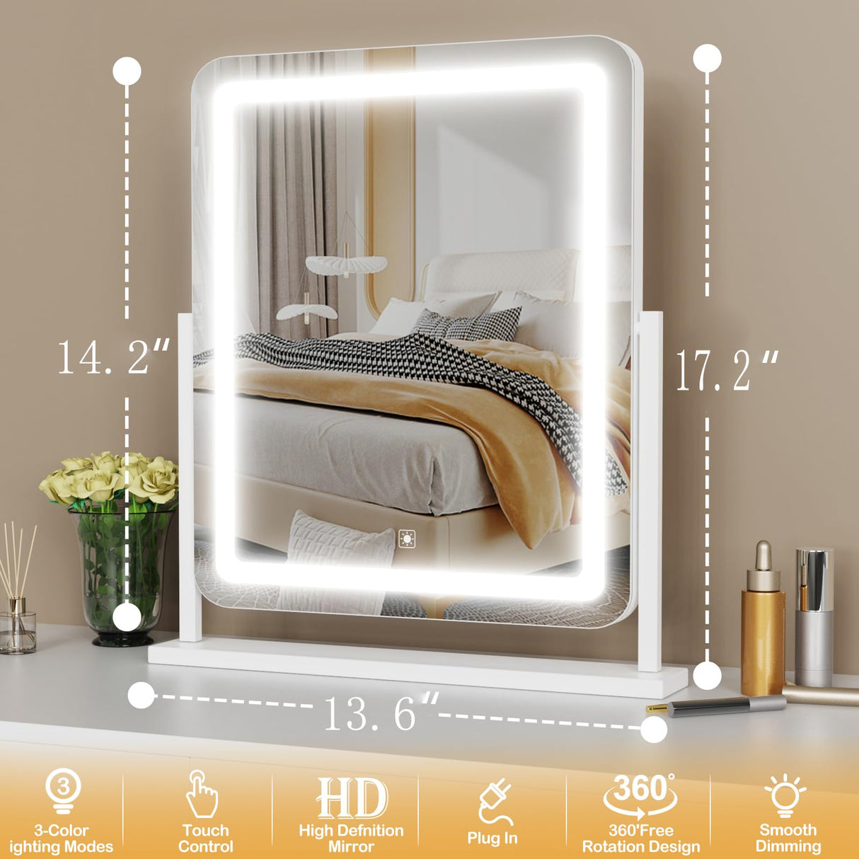 Gvnkvn Lighted Makeup Mirror, Hollywood Vanity Mirror with Lights, Three Color Lighting Modes, and 5X Magnification Mirror, Smart Touch Control, 360°Rotation (17.2in. White)