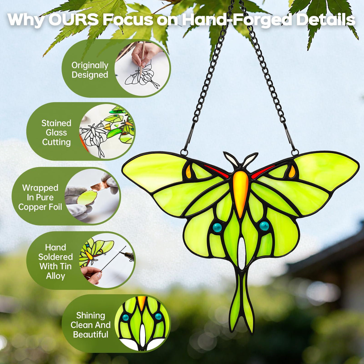 Stained Glass Window Hanging Luna Moth Suncatcher, IDEA SHOW 7.3Inch Handmade Real Glass Butterfly Suncatcher Ornament for Home Decor, Elegant Green Butterfly Memorial Gift for Women, Mom, Grandma