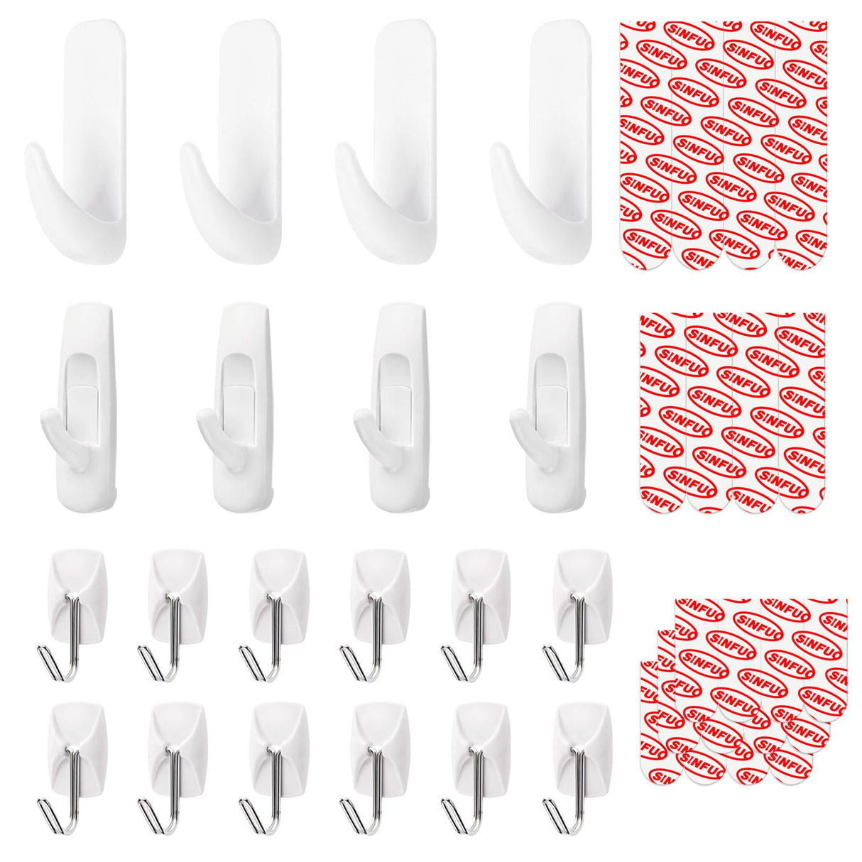 Sinfuo 20 Hooks + 32 Stirps Hanging Variety Pack,Adhesive wall Hooks Heavy Duty,no Damage Large midium Small Sticky Utility Hooks for Outdoor,Tower,Keys