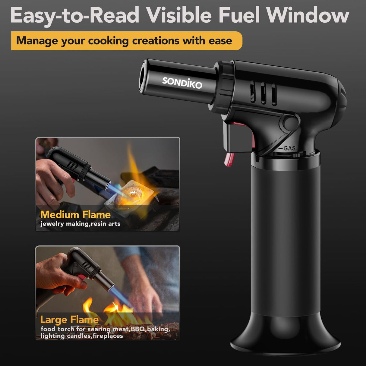 Sondiko Butane Torch Lighter with Visible Fuel Window, Refillable Soldering Torch with Adjustable Flame for Welding, Resin Art, Industrial (Butane Gas Not Included)