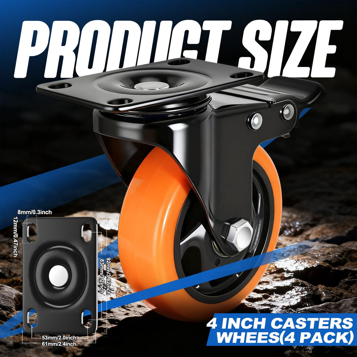 Caster Wheels, 4 Inch Caster Set of 4, Dual Locking PU Casters 2400LB, Swivel Casters for Furniture, Workbench & Tool Cart – Quiet, Floor Safe, Smooth Rolling