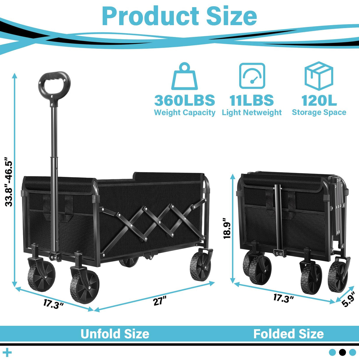 Collapsible Wagon Cart with All-Terrain Wheels - Folding Utility 360LBS Heavy Duty Wagons Carts for Grocery Sports Garden Shopping Camping Fishing (Black, 120L)