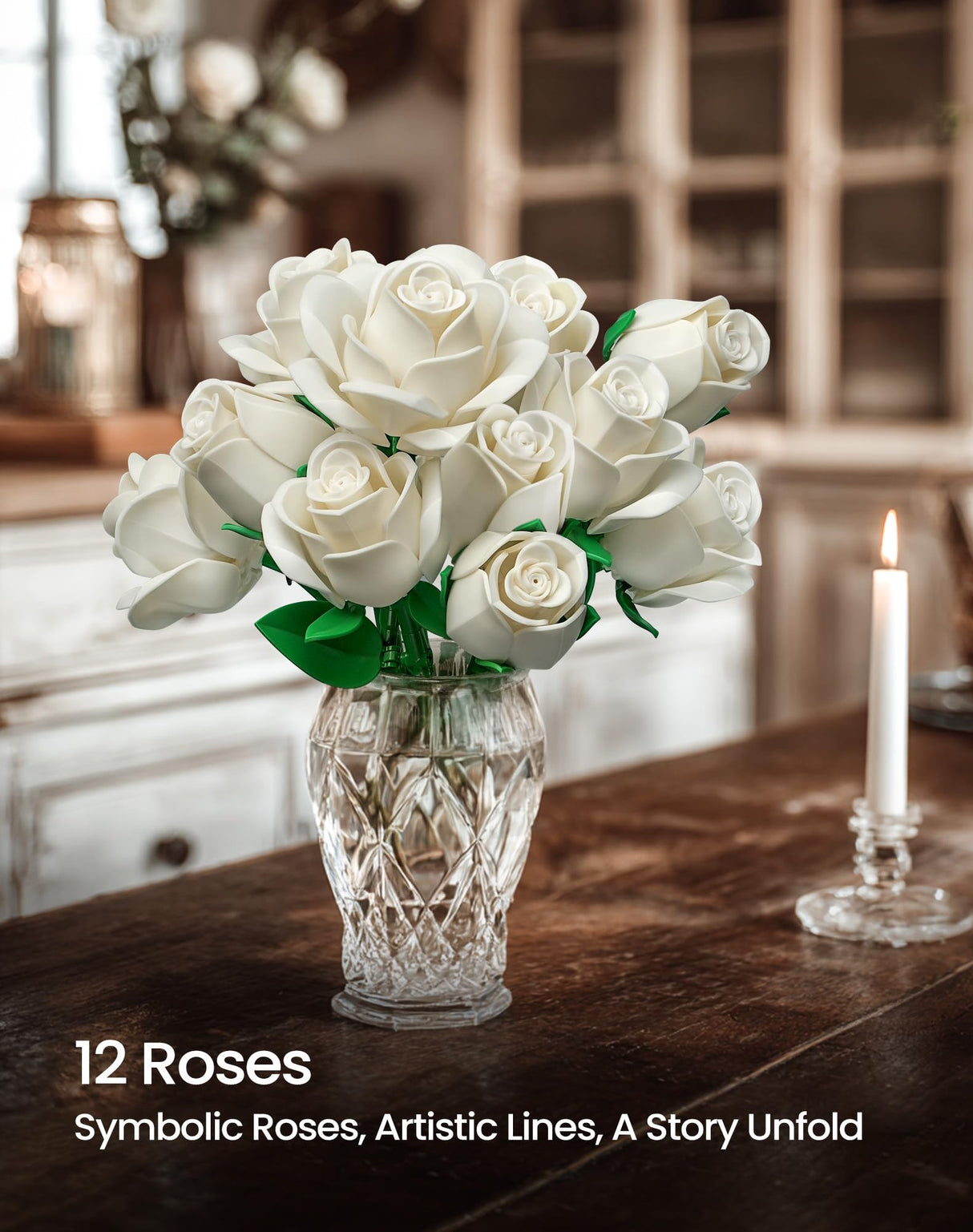 iATOM White Rose Bouquet Building Set, Wedding Artificial Flowers Botanical Collection for Adults Women, Gift for Valentines Day & Christmas - Home Office Table Centerpiece Decor - IA11013