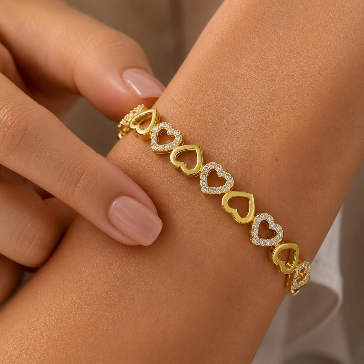 Amy & Annette 14K Gold Plated Heart Bangle Bracelet for Women with Crystals - Adjustable Gold Bangles, Heart Bracelets for Women, Cute Bangle, Gold Plated Bracelets