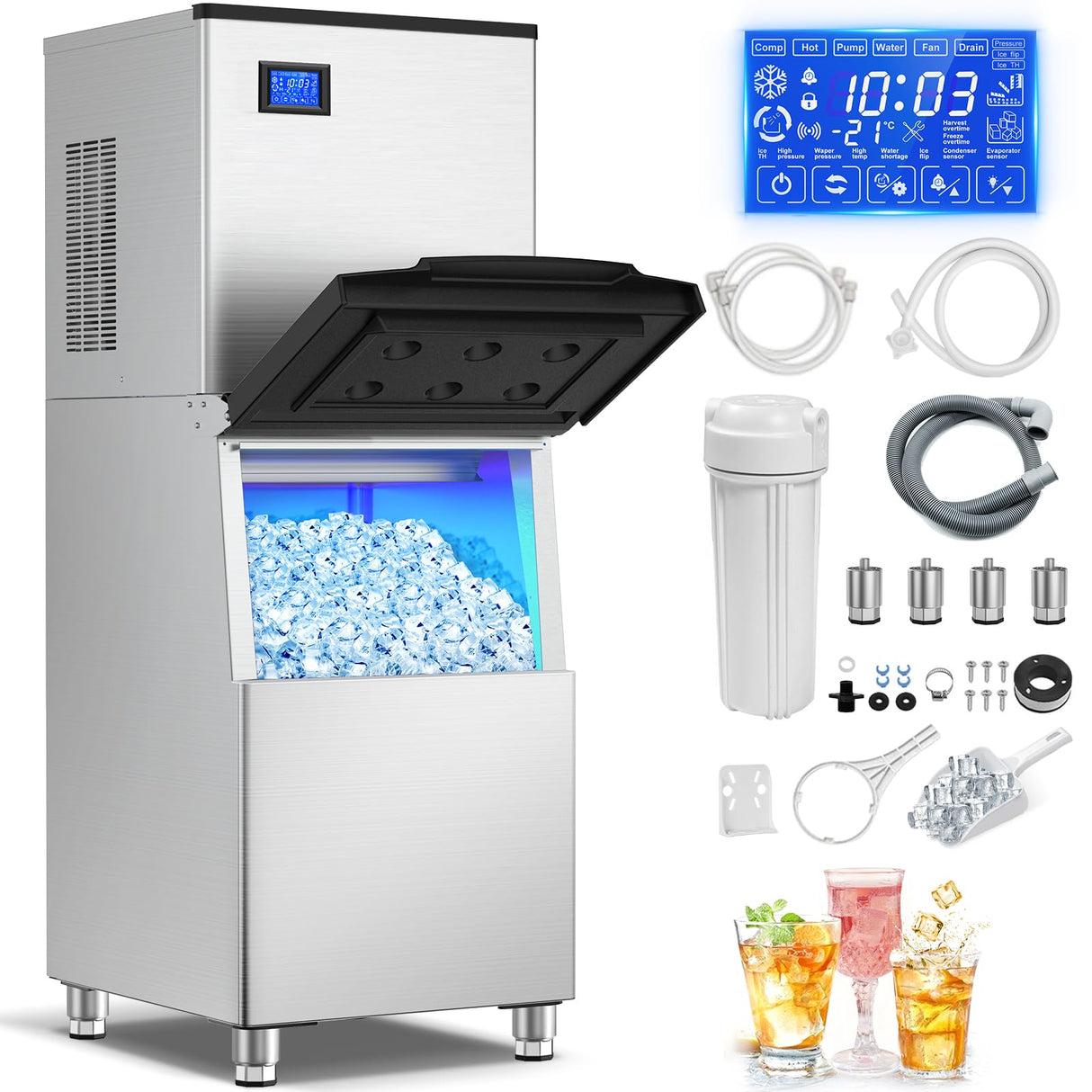 Commercial Ice Maker 600 Lbs/24H Ice Machine Large Capacity Stainless Steel, 182 Ice Trays Industrial Ice Machine, 350 Lbs Storage Commercial Ice Maker Machine Freestanding, Cube Ice Maker Commercial