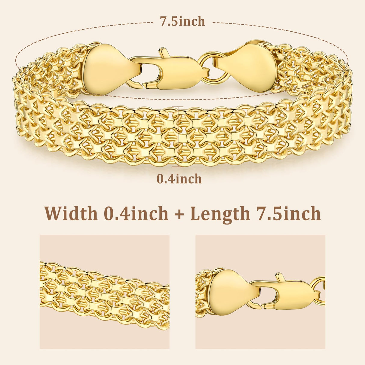 kptophk 14K Gold 10mm Mesh Chain Link Bracelet | Gold Bracelets For Women | Jewelry Gift (Size: 7.5inches)