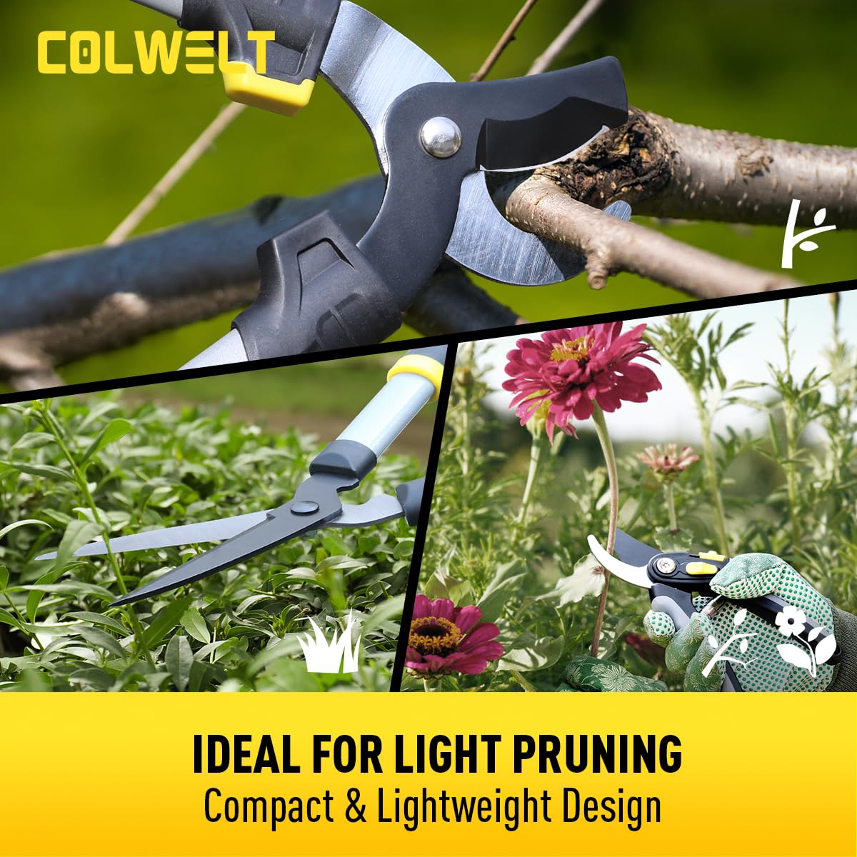Colwelt Loppers Hedge Clippers Garden Shears 3Pcs, Compact Garden Loppers Shear Set with 17’’ Bypass Branch Cutters & Hedge Shears & Pruners, Tree Shrub Care Kit for Lopping with Soft Grip Handle