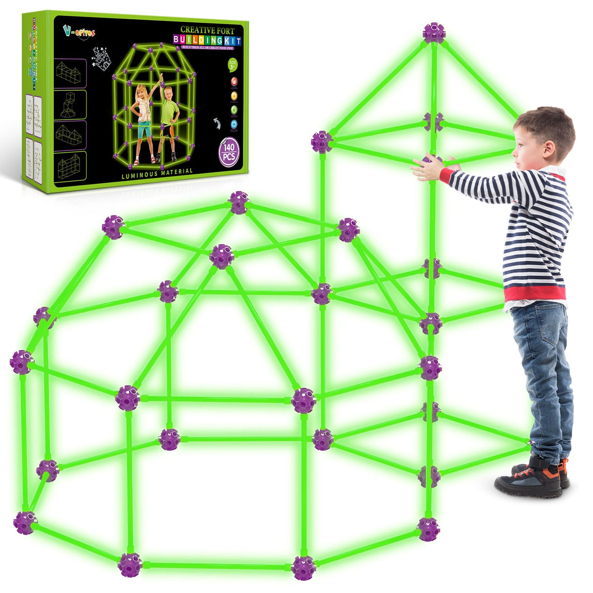 V-Opitos 140 Pack Glow in The Dart Fort Building Kits for Kids Age 4, 5, 6, 7, 8+ Years Old, STEM Building Toys for DIY Castles, Tunnels, Ideal Christmas, Birthday Gifts for Boys & Girls