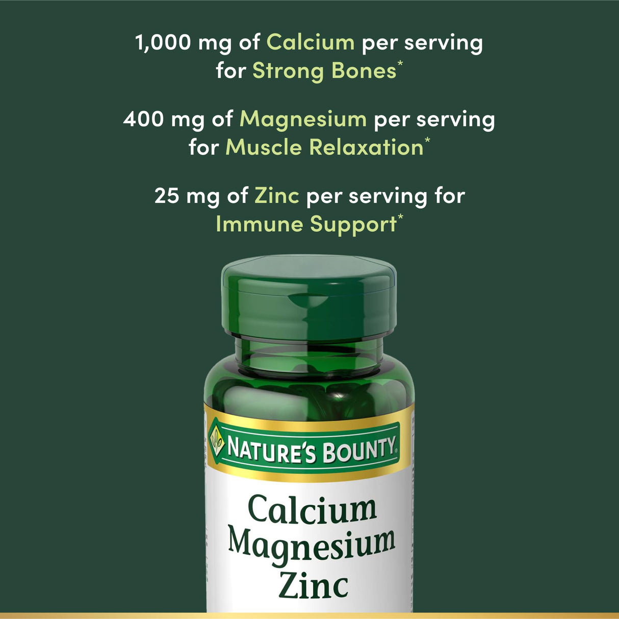 Nature's Bounty Calcium Magnesium & Zinc Caplets,Immune & Bone Health,Daily Supplement,1000mg Calcium,400mg Magnesium,600 IU Vitamin D,Gluten Free,100 Caplets,(Pack of 3)