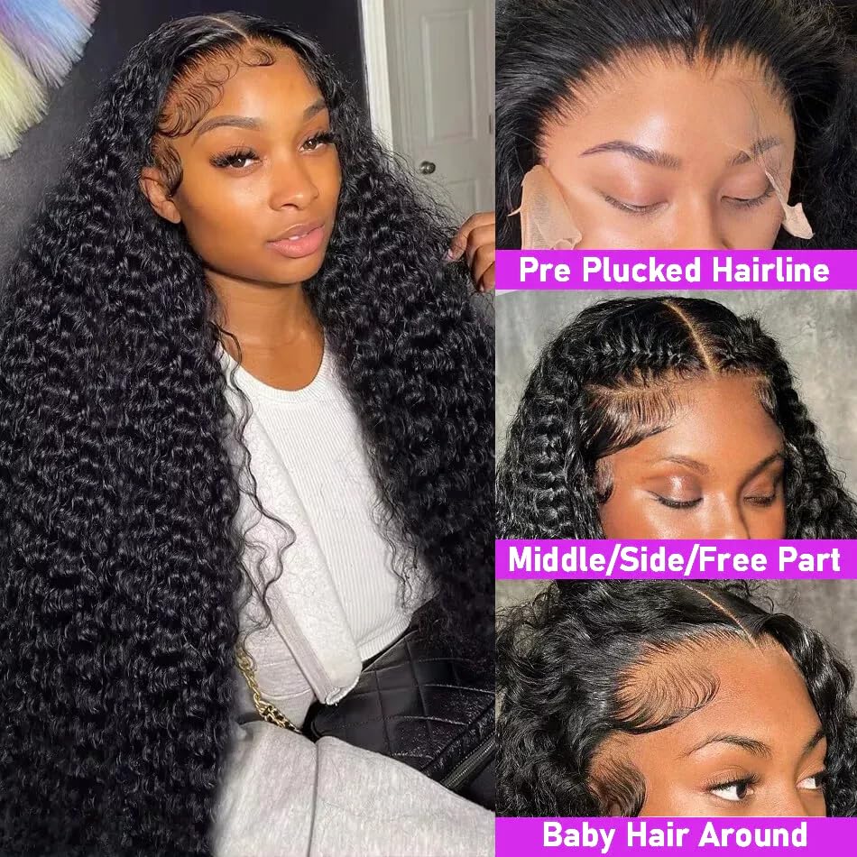 30 Inch Deep Wave Lace Front Wigs Human Hair 200 Density 13x6 HD Transparent Lace Front Wigs Human Hair Pre Plcked Curly Human Hair Wig for Women Deep Wave Frontal Wigs Human Hair with Baby Hair