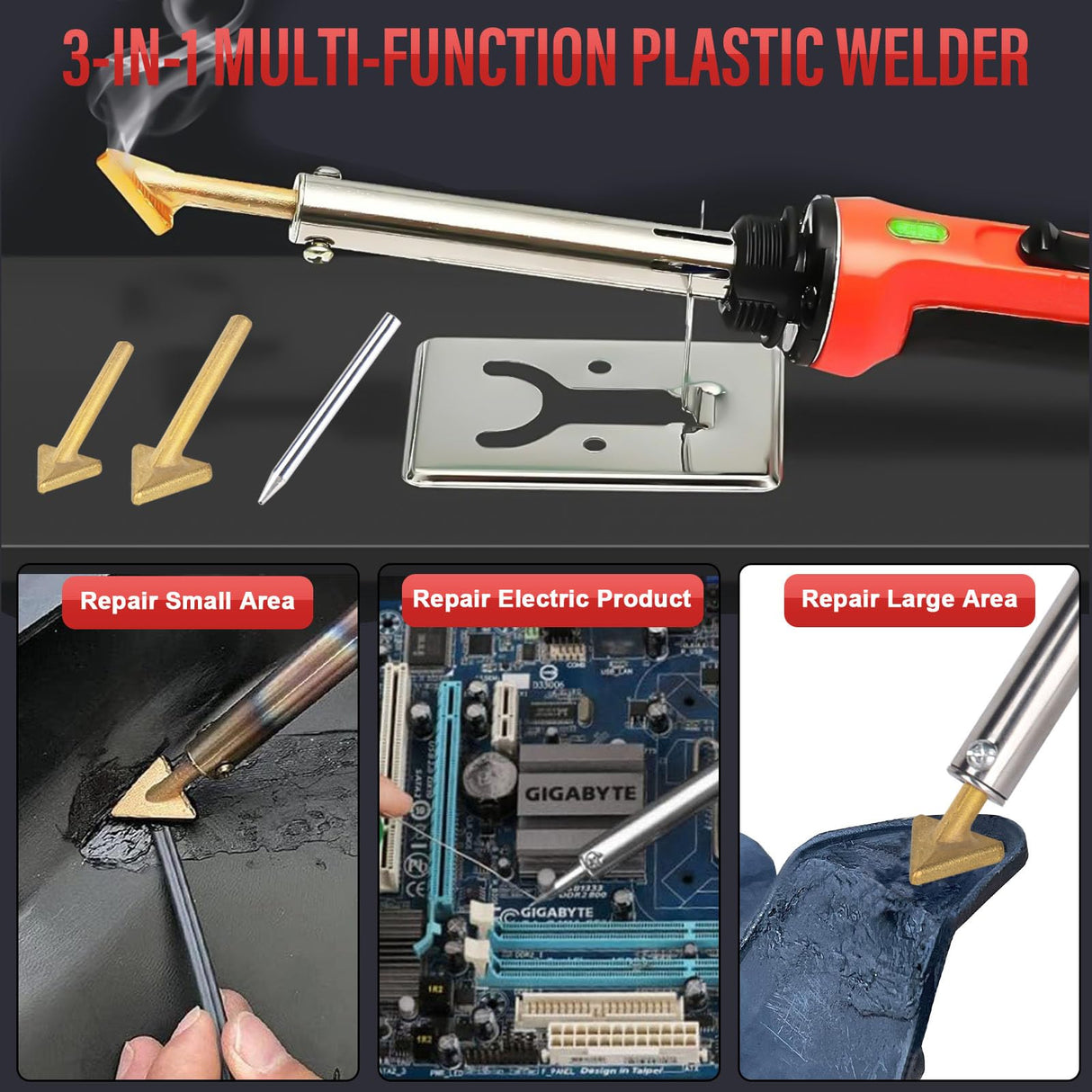 150W Plastic Welder Kit, 3-Speed Temperature Control Plastic Welding Kit, Professional Plastic Weld Tool With 70pcs Welding Rods,3Tips,Portable Plastic Repair Kit For Car Bumper,Kayak Repairs (Red)
