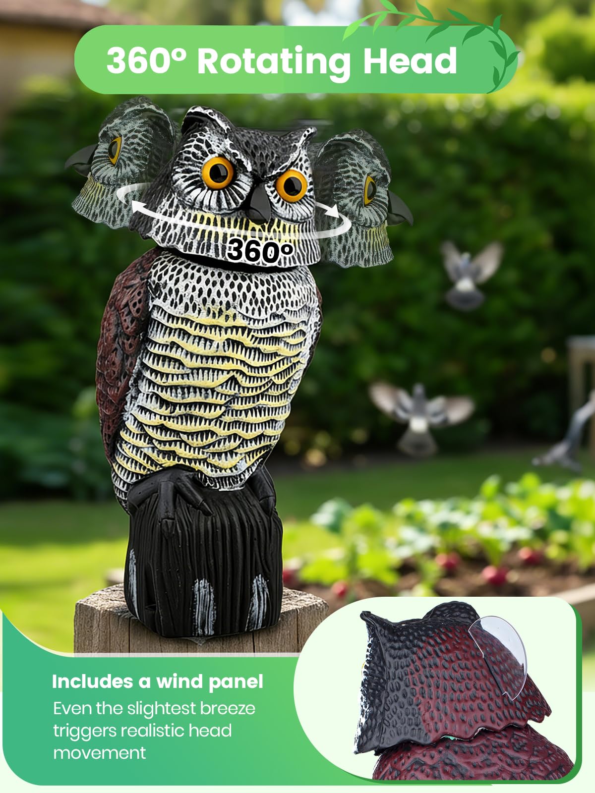 Pestvanish Owl Decoys to Scare Birds Squirrels Away, 360 Rotating Head Activated, Fake Owl Statues Repellent Pest Hawk Squirrel Cats Chickens Pigeon Bird Deterrents for Outside Garden Patios Backyard