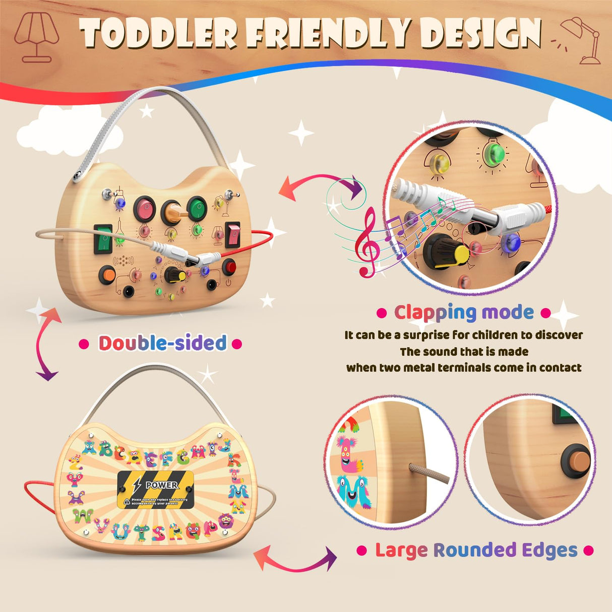 UdoUto Montessori Wooden Busy Board for Toddlers with LED Light Lights & Switches,Portable Activity Board for Car & Airplane Travel Toys, Christmas & Birthday Gift for 1-3 Year Old Boys & Girls