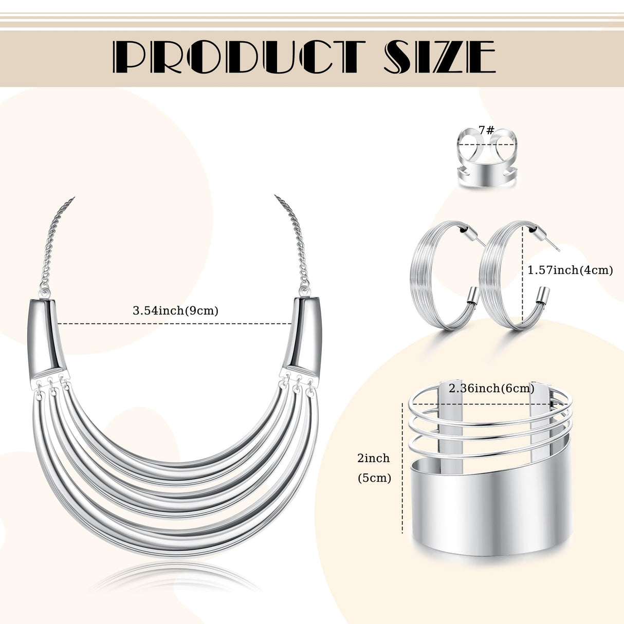 JOERICA Bib Choker Necklace Silver Jewelry Set Wide Cuff Bangle Bracelet Open Hoop Earrings Adjustable Ring Chunky Silver Statement Costume Jewelry Set for Women