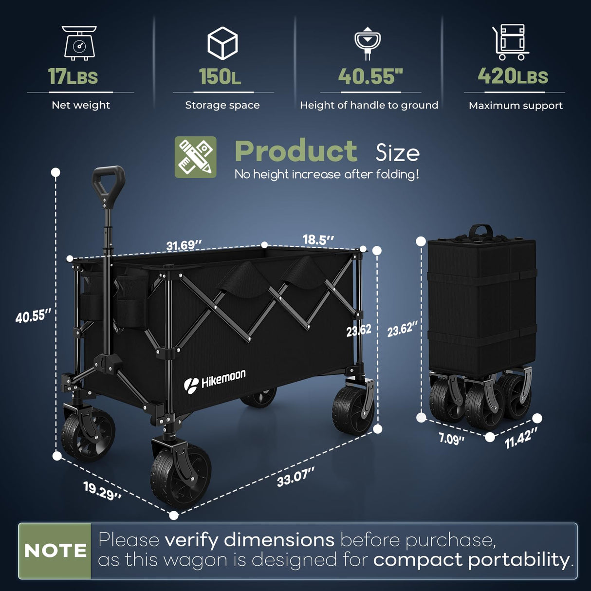 HIKEMOON 150L Collapsible Wagon Compact with Big Wheels, 420LBS Black
