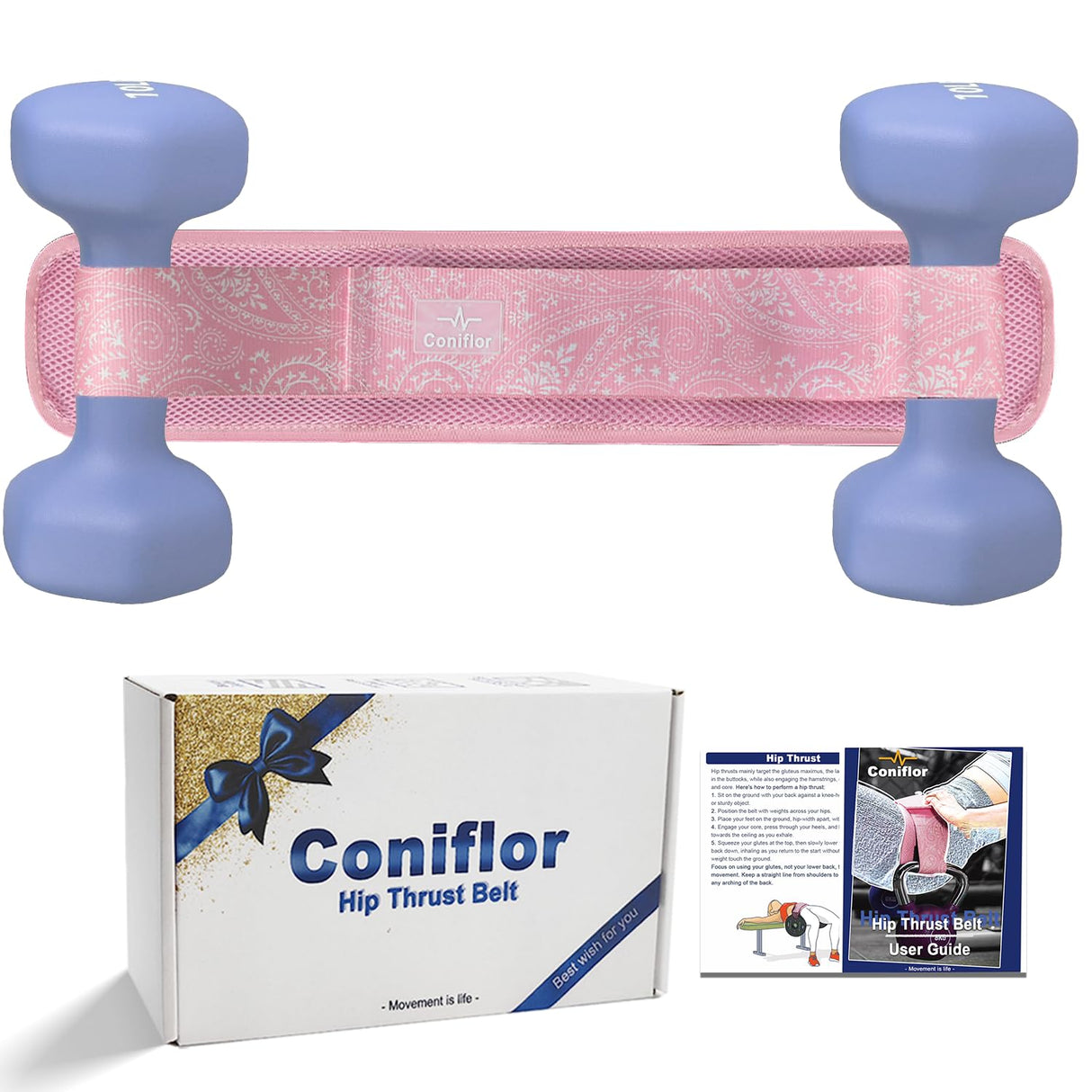 Coniflor Hip Thrust Belt - Adjustable Fitness Belt for Dumbbells, Kettlebells, Plates - Support Up to 100 lbs - Upgrade Slip-Resistant Pad for Safe and Comfortable Glute Workouts at Home or Gym, Pink