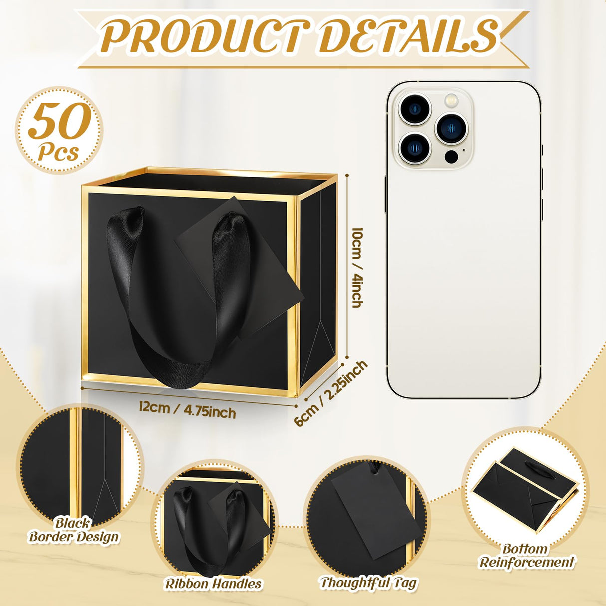 Yeaqee 50 Pcs Mini Metallic Foil Gift Bags with Handles 4x4.75x2.25'' Tiny Thank You Favor Bag with Tag for Christmas Fall Thanksgiving Welcome Wedding Baby Shower Birthday Party(Black, Gold)