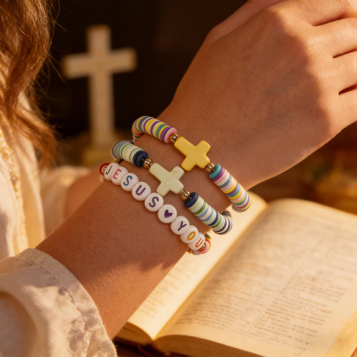 Shcsdr 40 Pcs Jesus Loves You & Cross Bracelets for Women