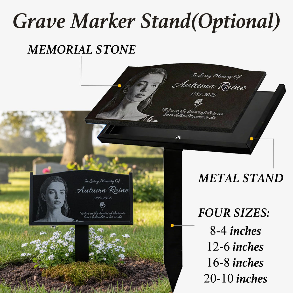 WANGYOU Personalized Granite Memorial Stone with Photo - Custom Headstones for Graves, Grave Markers for Cemetery for Humans & Pets, Laser Engraved Black Tombstone Outdoor Garden Plaque