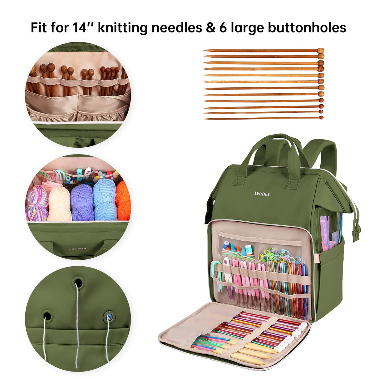 Leudes Knitting Bag Backpack,Yarn Storage Organizer Large Crochet Bag Tote Christmas Gift Yarn Holder Case for Carrying Projects,Knitting Needles (Army Green)