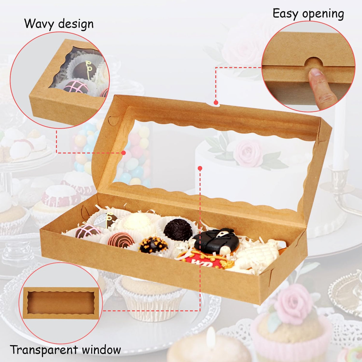 SLShePack 50PCS 12x5x1.5Inch Cookies Boxes with Window Bakery Boxes Macaron Boxes Cakesickle Boxes Chocolate Truffle Boxes Donut Treat Boxes for Christmas Valentine's Easter Mother's Day