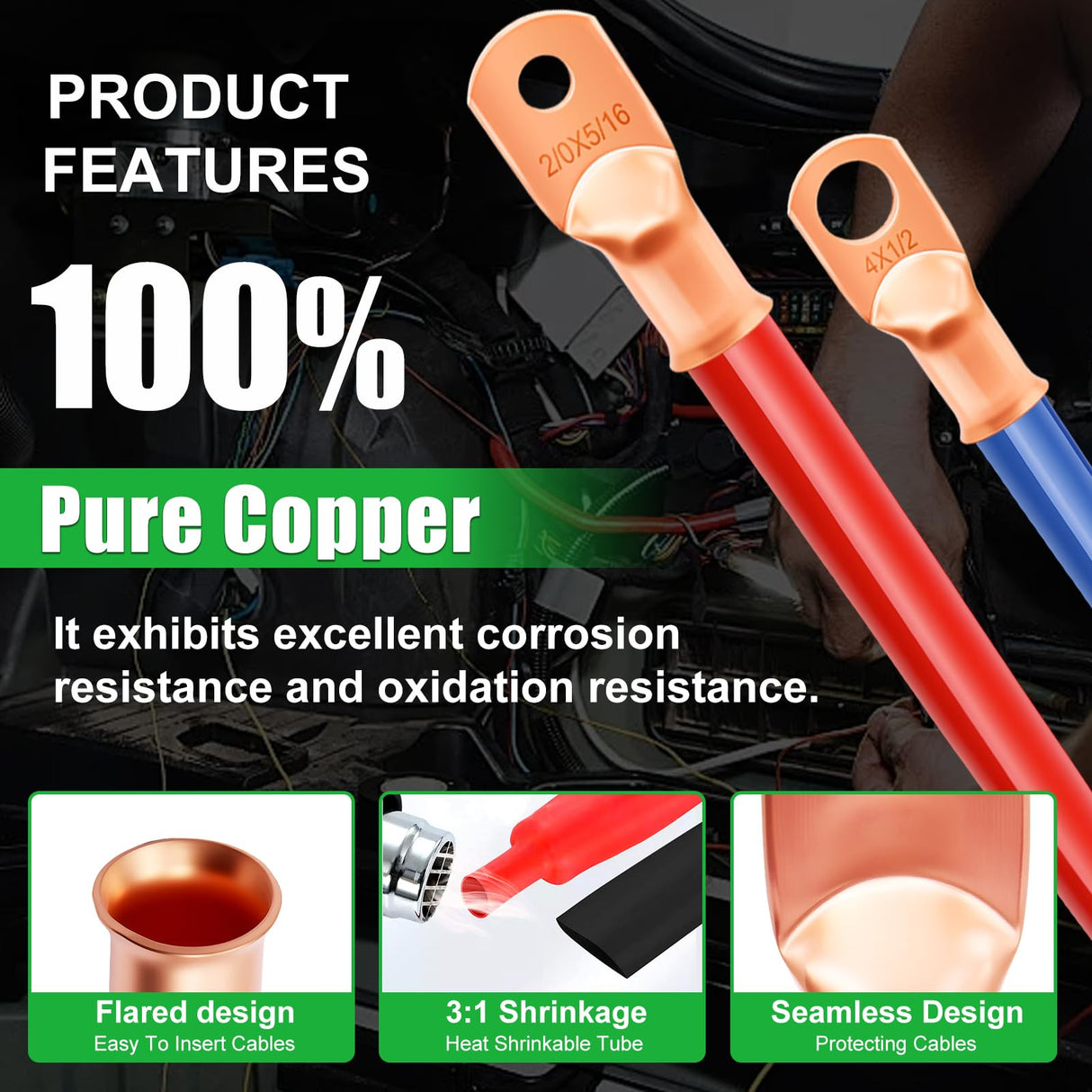 Twidec/230PCS Battery Cable Ends Kit AWG 8 6 4 2 1 1/0 2/0 Heavy Duty Copper Lugs Cable Wire Lugs,Copper Ring Terminals Connectors with Heat Shrink Tube and Hydraulic Crimping Tool With 9 Die