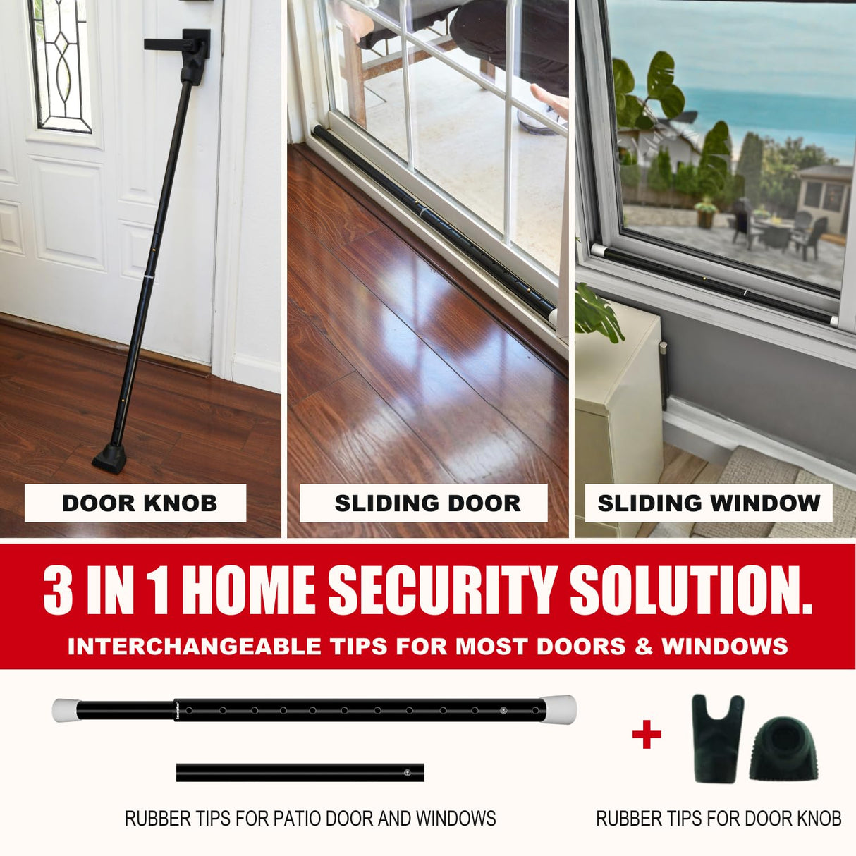 SECURITYMAN 3-in-1 Door Security Bar, Security Door Stoppers & Door Barricade – Heavy Duty Adjustable Iron Security Lock Bar for Home Defense, Apartment & Travel Safety (1 Pack - Black)