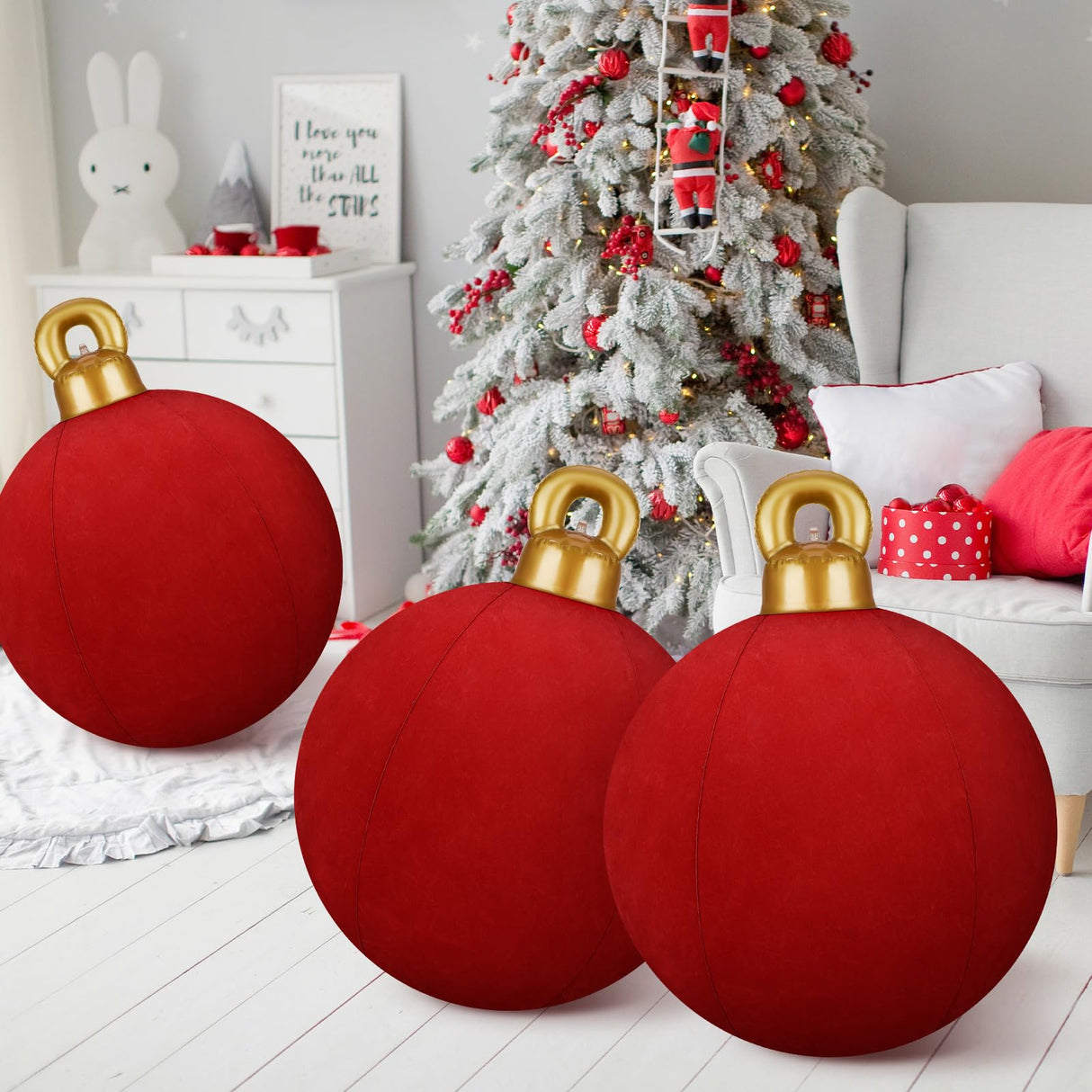 Jetec 3 Pcs 32 Inch Giant Velvet Christmas Inflatable Balls Ornament Flocked Xmas PVC Inflatable Flocked Ball Ornaments for Christmas Holiday Outdoor Blow up Yard Decor(Red)
