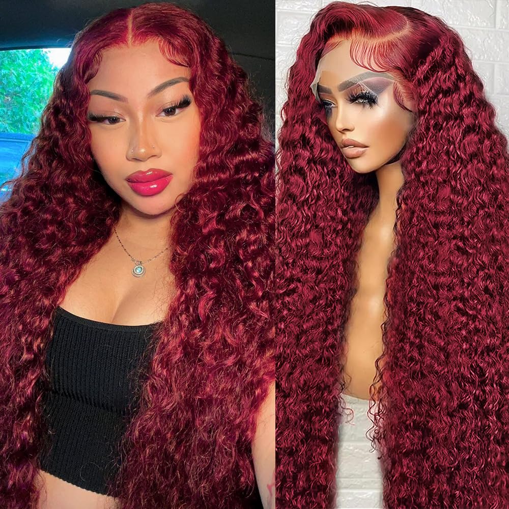 ILHILH 99J Burgundy Lace Front Wigs Human Hair Deep Wave 13x6 HD Lace Frontal Wigs Human Hair Pre Plucked 200 Density Wine Red Colored 99J Curly human hair Wig with Baby Hair 26 inch Glueless Wig