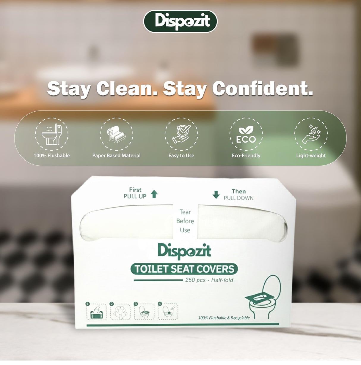 1250 Pcs Disposable Flushable Toilet Seat Covers (5 Packs of 250 Pcs) | 100% Biodegradable Commercial Toilet Seat Covers | Half-Fold Wall Dispenser Compatible | DISPOZIT Safe Liners