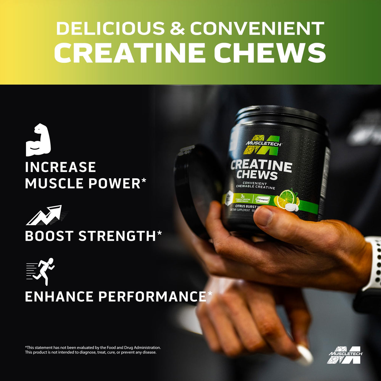 MuscleTech Creatine Chews - Creapure Monohydrate Supplement for Muscle Recovery, Muscle Builder & Energy Boost - Pre Workout Supplement for Men & Women - 90 Chewable Candies, Citrus Burst