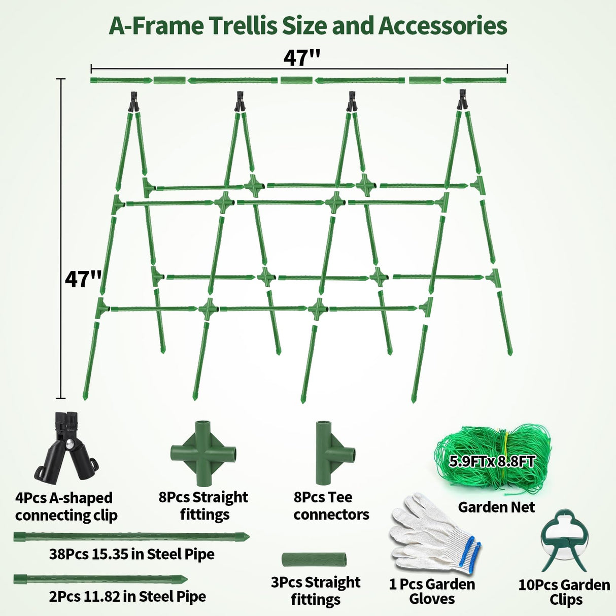 A-Frame Cucumber Trellis for Raised Bed - 47 x 47in, Heavy-Duty Detachable Garden Trellis with Netting & Clips, Support for Climbing Outdoor Cucumber, Tomatoes, Luffa, Bitter Melon, Vining Flowers