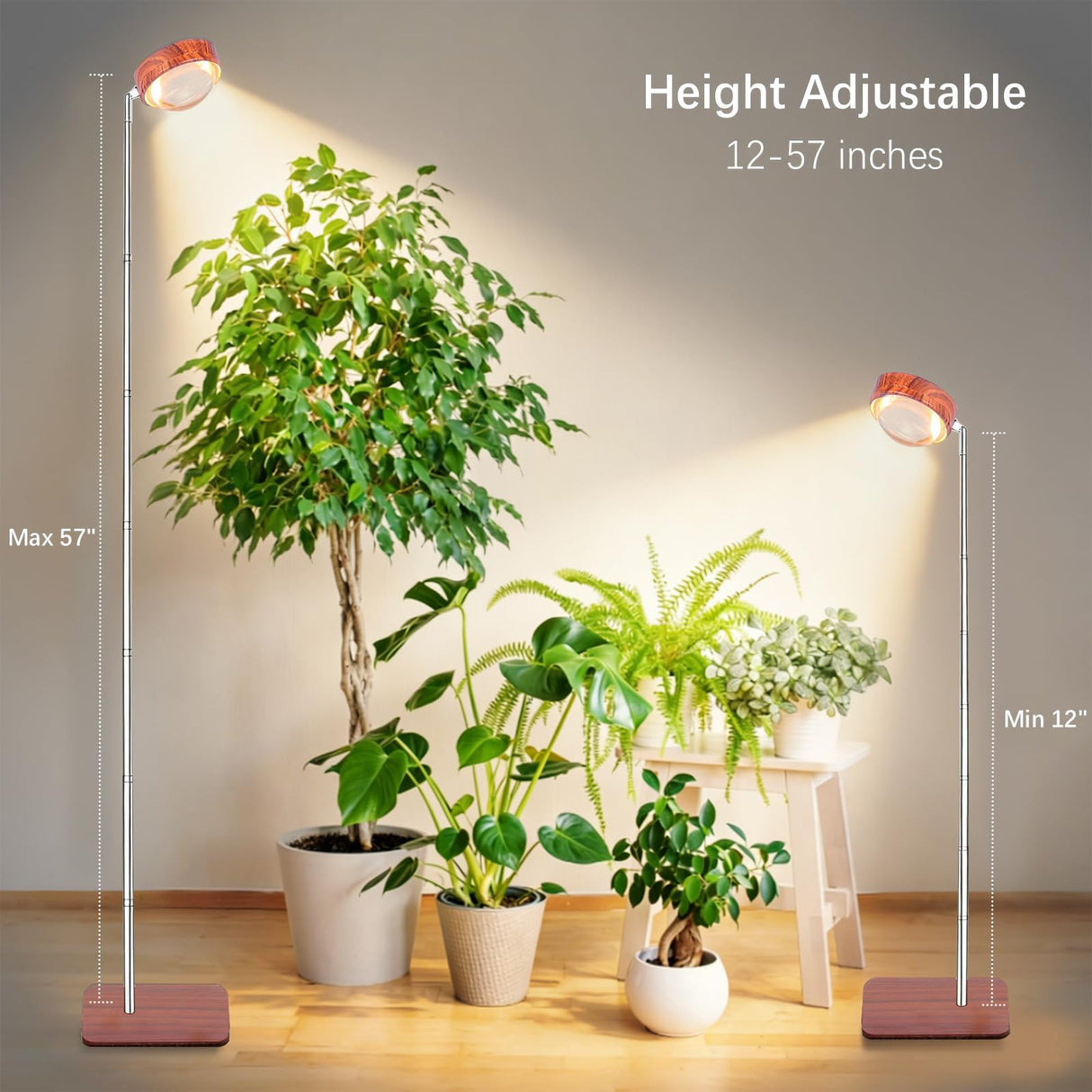 FECOLGT Grow Light for Indoor Plants, Full Spectrum Floor Plant Lamp with Convex Lens, Timer 6/12/18H, Faux Walnut Wood Grain, 12-57 inches Height Adjustable Desktop and Standing Growing Light